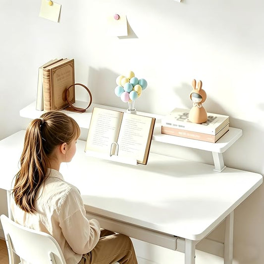 31.4x7.8 in Clamp on Desk Shelf, Adjustable Floating Desks Shelf with Reading Stand Space Saving Laptop Riser Stand for Office, Dorm, Home Desk Organization, White