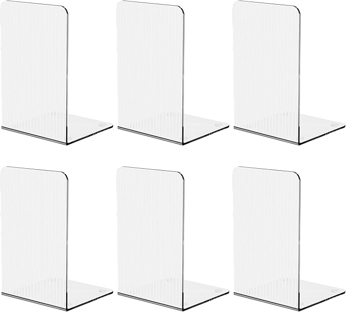 Book Ends for Shelves 6 Pcs Acrylic Bookends Clear Unique Rippled Pattern Book Holder Stand for Heavy Books Home Office School Organizer and Desktop Decorative