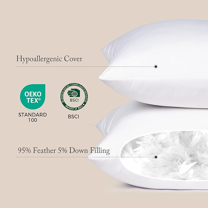 puredown® Feather Down Pillow Inserts, 20x26 Indoor Decorative Pillow Inserts for Bed, Sofa and Couch, Set of 2, Standard Size