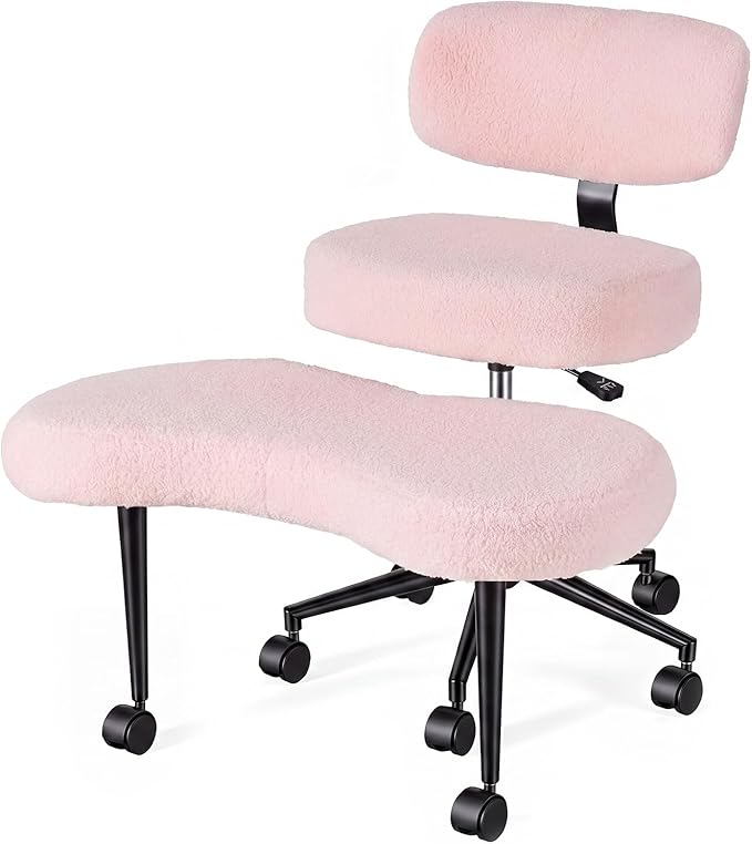 DUMOS Ergonomic ADHD Cross Legged Office Desk Chair with Adjustable Backrest, Height Adjustable Meditation Chair with 360° Swivel Footstool, Teddy Fabric Yoga Stool for Home Office, Pink