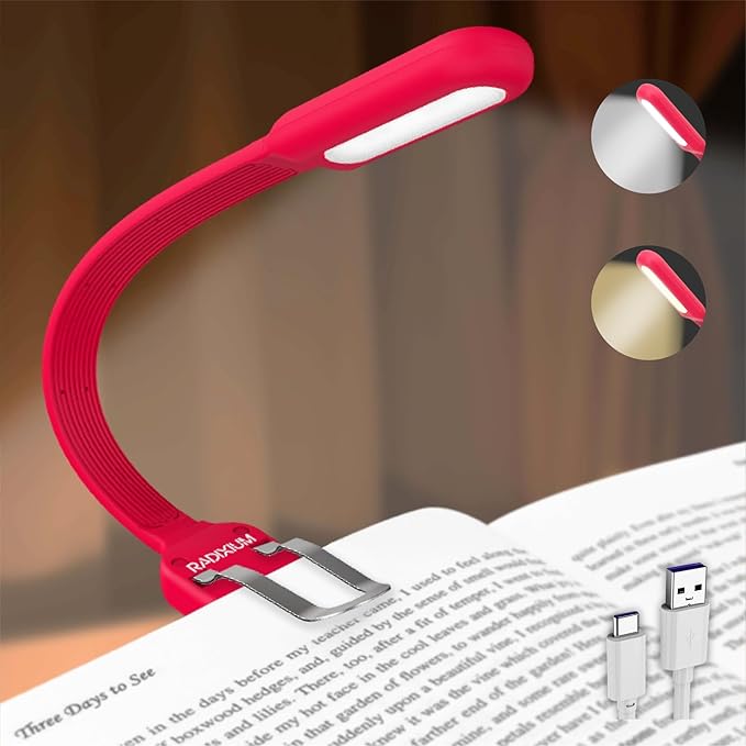Slim Rechargeable Book Reading Light, Eye Caring LED with 4 Color Temperatures, Portable Clip on Book Light for Reading in Bed & Travelling. Prefect Elegant White Gift for Book Lover.(Pink)