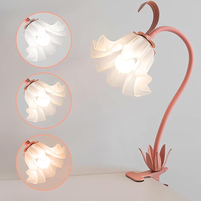 WERFOP Flower Lamp Clip on Light, 3 Color Modes Eye-Caring Desk Lamp with Clamp, Dorm Room Essentials, Flexible Neck Reading Clamp Lamps for College Bedside Bookshelf Studying Room (Pink)