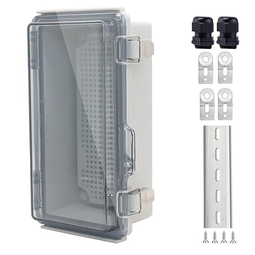 IP67 Waterproof Junction Box, ABS Plastic Electrical Enclosure with Stainless Steel Latch, Hinged Cover Electric Box with Mounting Plate, Wall Brackets & Cable Glands 200x100x70mm
