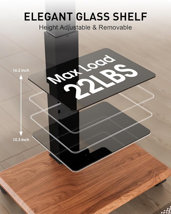 Heavy Duty 32 to 75 Inch Mobile Rolling TV Floor Stand Holds up to 132 lbs, TV Cart with Glass Shelf, Height Adjustable Portable TV Stand with Locking Wheels, Max VESA 600x400mm, Black