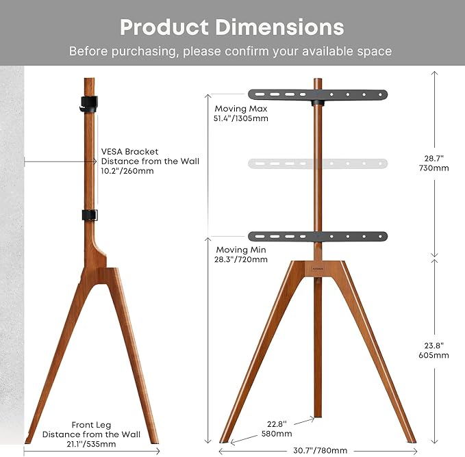 PUTORSEN Premium Wood Easel TV Stand, Adjustable TV Tripod Stand for 45-65 Inch LED LCD Screen, with Top TV Shelf and Magnetic Concealed Cable Management, Max Load 88lbs, Walnut