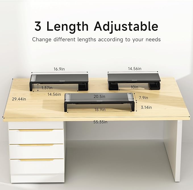 OImaster Monitor Stand Riser, Foldable Computer Monitor Riser, Adjustable Length Computer Stand and Storage Drawer & Pen Slot, Phone Stand Compatible Computer, Desktop, Laptop, Save Space (White-3.0 HUB-Adapter)