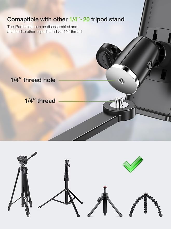 elitehood 8.5in Long Arm iPad Holder for Mic Stand, 360° Adjustable Aluminum Mic Stand Tablet Holder for Microphone & Stage Music, iPad Mount Compatible with 4-13in Tablets, iPhone and Phones