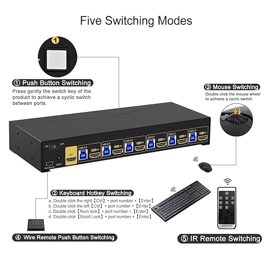 CKL KVM Switch Single Monitor HDMI 4K@60Hz (1 Monitor 6 Computers 9136H-3) for Home and Office to Console Desktops/Laptops, Support USB 3.0, Hot Key, Audio, Wireless Keyboard and Mouse