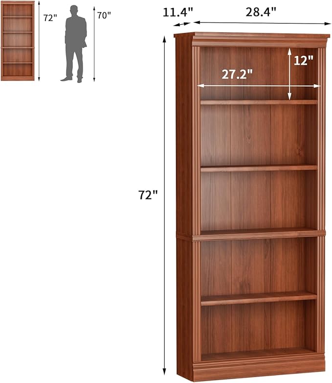 Furniwell Bookcase Bookshelves, 5-Shelf Tall Bookcase 71" Wood Open Display Floor Bookshelf, Large Storage Organizer for Library, Bedroom, Living Room (Cherry)
