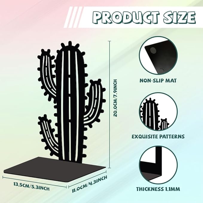 Peacoblue Metal Bookends for Shelves, Modern Decorative Heavy Duty Study Book Support Stoppers for Office, Desk, Shelf, Room 5.3"x4.3"x7.9" Cast Iron Simple Tall Bookends, 1 Pair (Cactus)