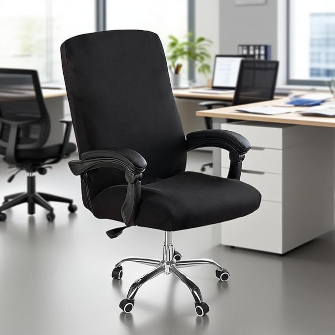 Computer Office Chair Cover with Zipper,Universal Washable Removable Stretch Anti-dust Rotating Soft Office Seat Slipcover,High Back Desk Seat Protector for Pets (Black, Large)