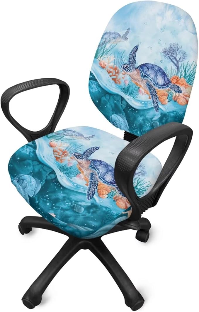 GLENLCWE Office Chair Cover Blue Sea Turtle Computer Chair Slipcovers Elastic Stretch Office Desk Chair Cover Soft Gaming Chair Cover Rotating Computer Chair Seat Cover
