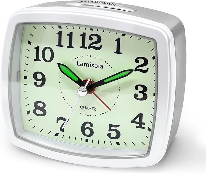 Lamisola Small Battery Travel Alarm Clock, Analog Clocks for Bedrooms, Bedside Nightstand Desk Tabletop Bookshelf Clock for Bathroom Office, Maximalist Decor for Home, Silver