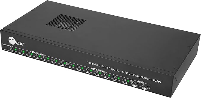 SIIG 16-Port Industrial 600W USB-C PD Charging Station Hub - 5Gbps Transfer Speeds, 30W 14-Port, 100W 2-Port, Metal, Surface Mountable Housing, Auto Fan Control, ESD Protection (ID-US0B11-S3)