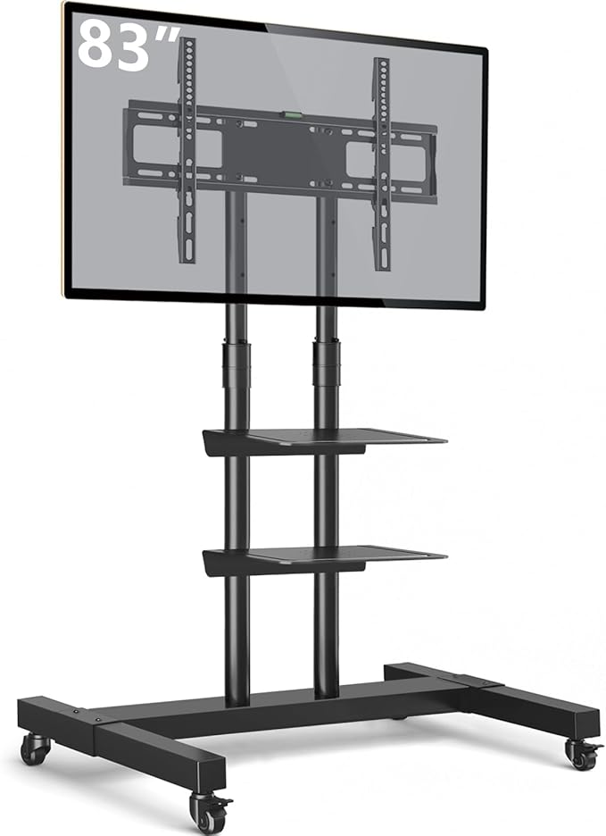 Mobile TV Stand Rolling TV Cart Floor Stand with Mount on Lockable Wheels Height Adjustable Shelf for 32-83 Inch TV Stand Flat Screen or Curved TVs Monitors Display Trolley (Black with 2 Shelves)