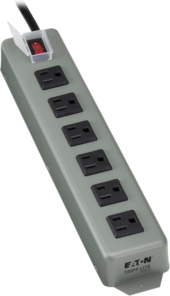 Eaton Tripp Lite Series Heavy Duty Power Strip with 6 Right-Angle Outlets, Metal, Mountable Wall Mount & Under Desk, 15ft Extension Cord, On/Off Switch Cover, Industrial Garage Work Bench (UL24RA-15)