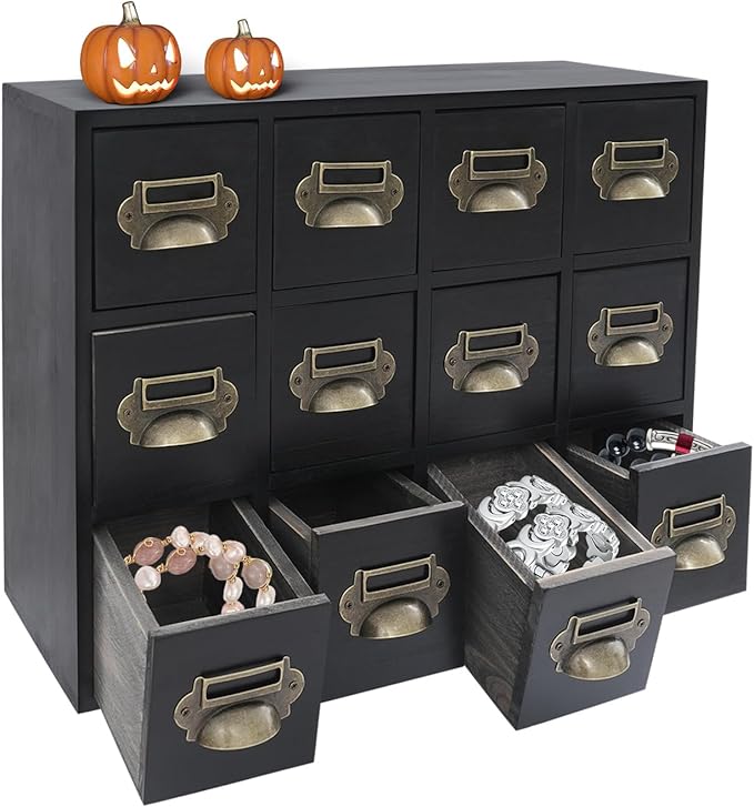 12 Drawer Drawers Storage Cabinet, Wooden Medicine Cabinet Desktop Drawer Organizer Herb Storage Box with Solid Wood Build & No Assembly for organize spices medicines jewelry cosmetics(Black)