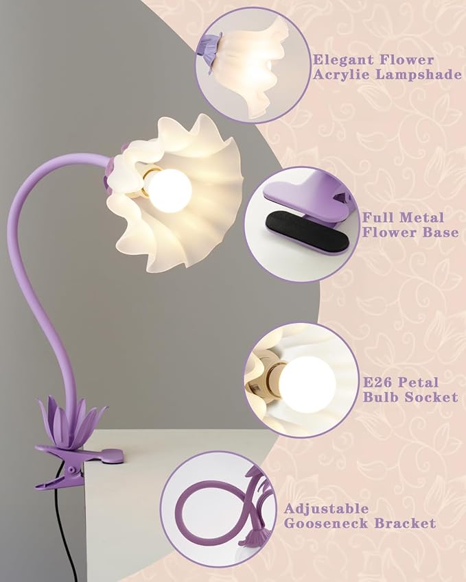 WERFOP Flower Desk Lamp with Clamp - School Dorm Supplies, 3 Color Modes Flower Eye-Caring Clip on Light, Flexible Neck Reading Lamps for Home College Studying Room Bedside (Purple)
