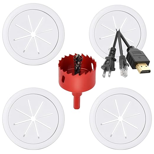 Desk Grommet 2 Inch (50 mm) 4 Pack, TV Cord Hider for Wall Mounted TV,Desk Hole Cover for Cables White, Grommet Hole Cover with Hole Saw for Wires Cables Through The Countertop