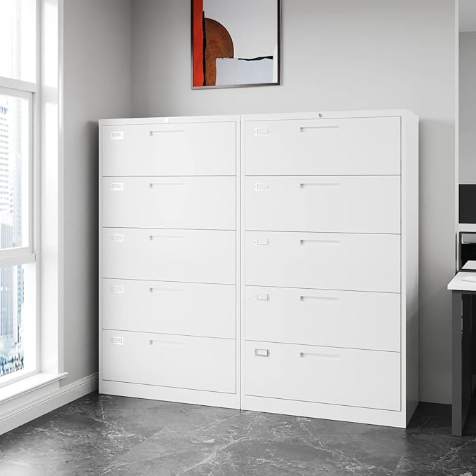 Fesbos Lateral File Cabinet with 5 Drawers - White Metal Steel Filling Cabinets for Home Office - Lockable Storage Cabinet for Hanging Files Letter/Legal/F4/A4 Size-Assembly Required