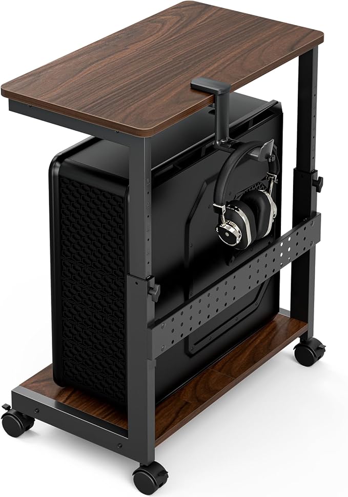 Height Adjustable Computer Tower Stand, 2-Tier ATX-Case CPU Holder with Mouse Pad & Headphone Stand, Mobile PC Standing Under Desk, Home Office Gaming Accessories, Computer Cart, Walnut