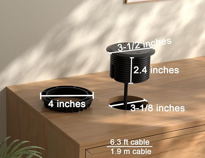 3 Inch Desktop Power Grommet,65W GaN USB C Fast Charging Station,3-USB Port,Flush Mounted for 3-1/8" Holes,Flat Plug.Round Recessed Desk Grommet Outlet for Workspace,Laptops,6.3ft,Black