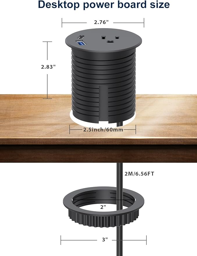 Desk Power Grommet,2.5inch(60mm)Hole Grommet,Recessed Power grommet Fast Charging Station PD20W USB-C Port,Desktop Countertop Grommet Outlet,Flush Mount for Office Tables,Furniture,6.6FT Cord (Black)