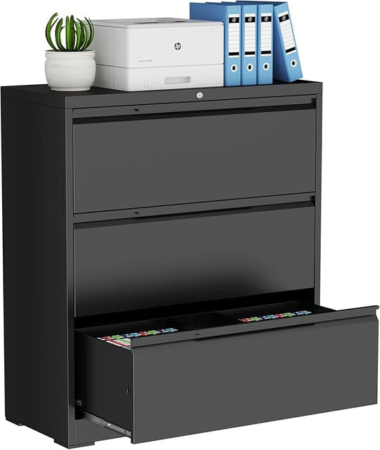 3-Drawer Metal File Cabinet with Lock,Steel Printer Stand with Storage for Home Office,Lateral Filing Cabinet for Legal/Letter/A4 Files,Assembly Required(35.43''W-3 Drawers,Black)