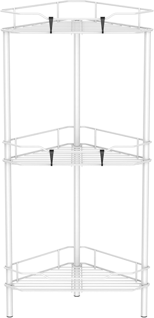 HuggieGems 3 Tier Floor Standing Corner Shower Caddy Organizer Shelf with Hooks, Bathroom Shelves Stand Rack, White