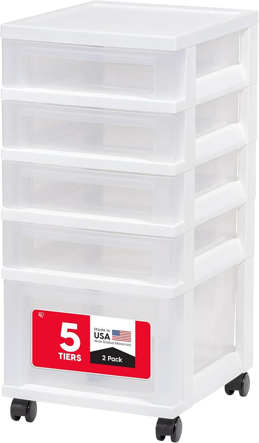 IRIS USA Craft Plastic Organizers and Storage, Rolling Storage Cart for Classroom Supplies, Storage Organizer for Art Supplies, Drawer Top Organizer for Small Parts, 5 Drawers, White/Clear