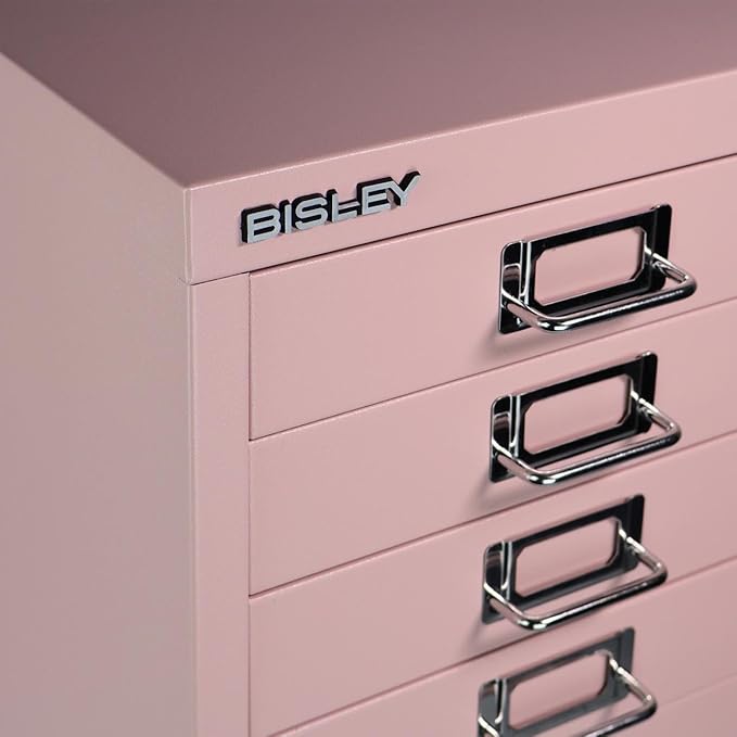 Bisley 10-Drawer Steel MultiDrawer Cabinet - Palest Pink, Chrome Pull Handles with Label Holders, Powder-Coated Steel, Removable Drawers, Fits Under Most Desks, Labels Included