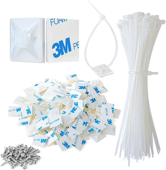 3/4" Strong Back-Glue Self Adhesive White Cable Zip Tie Mounts 100pcs with 8" Ties, Screws, Outdoor Sticky Wire Fasteners Cable Clips Management Anchors Organizer Holders Squares