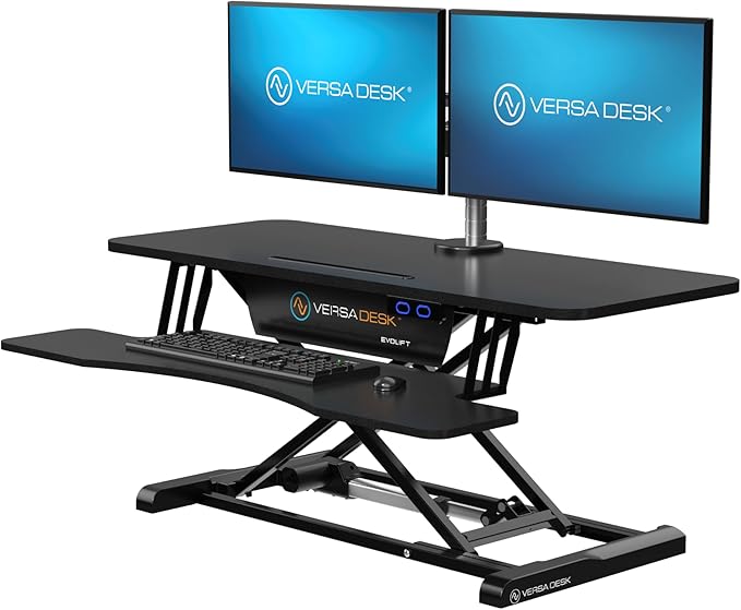 VERSADESK EvoLift 40" Electric Standing Desk Converter, Sit to Stand Riser, 1-Button Easy Lift, Dual Monitor Workstation, Wide Keyboard Tray, Built-in Device Stand, Black