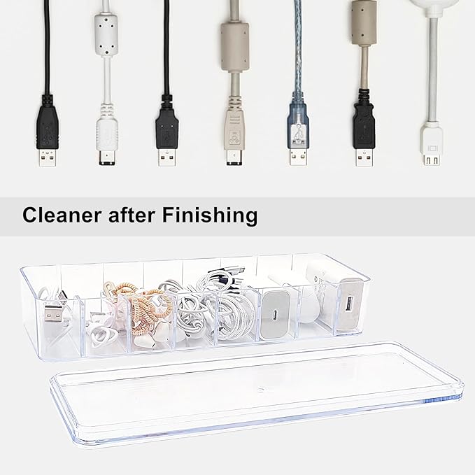 2 Pack Cable Organizer Box with Wire Ties Plastic Cord Storage Box with Lid for Home Office Organizers Storage Accessories