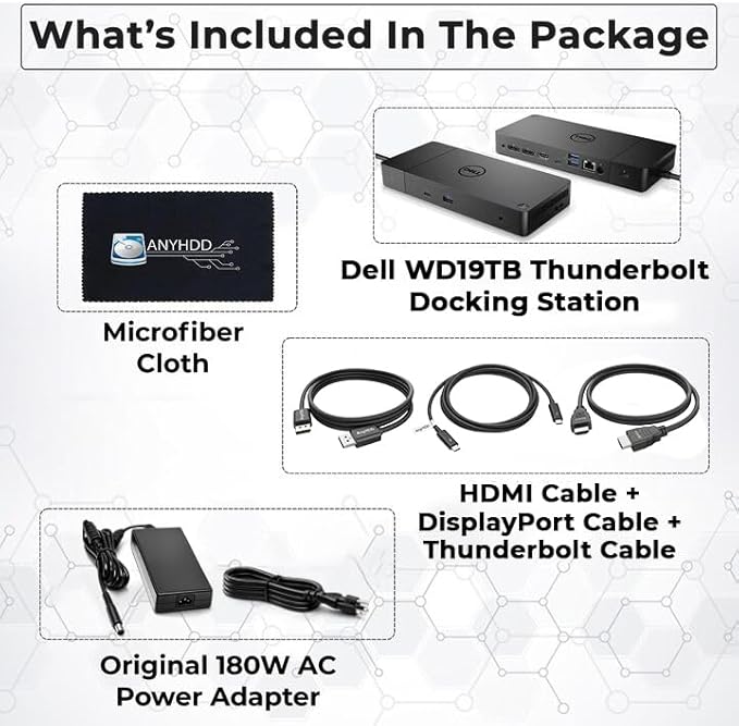 Dell WD19TB Thunderbolt Docking Station with 180W AC Power Adapter (130W Power Delivery) + HDMI Cable + DisplayPort Cable + Thunderbolt Cable + Microfiber Cloth Included