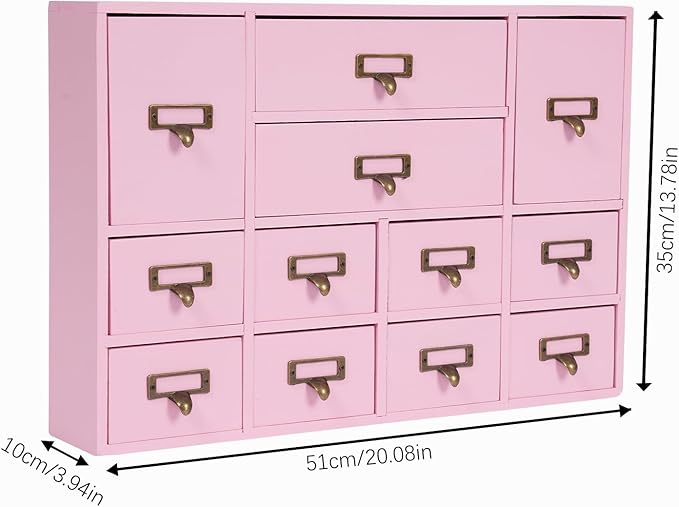 Vintage Desktop Apothecary Cabinet with 12 Drawers,Wood Desktop Organizers Stackable Drawers Desktop Chest Drawer for Herb Storage,Tea Collection,Stationery (12 Drawers,Pink)