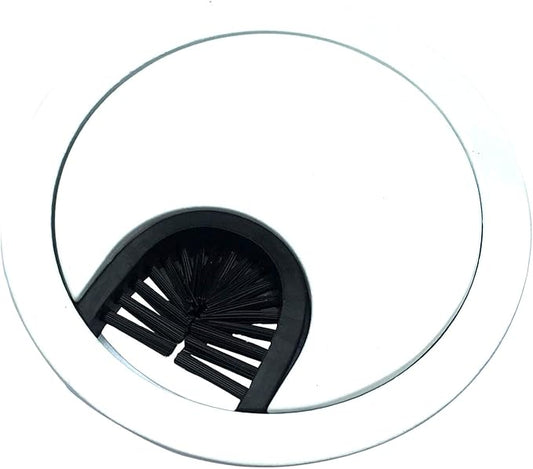 Gloss White Metal Cable Grommet | 2 Piece "Lock in" Feature with "Brush" Opening for Management of Office & Computer Desk Wires | 60mm (2 3/8") Hole Opening | 1 Pack