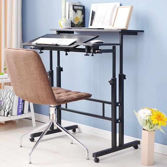 sogesfurniture Mobile Standing Desk, Portable Stand Up Desk, Small Adjustable Table Converter with Wheels Home Office Workstation, Rolling Table Laptop Cart for Standing or Sitting, Black