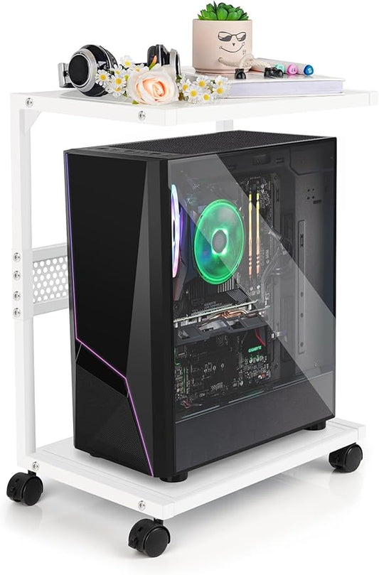 Bfttlity PC Stand Computer Tower Stand 2-Tier Metal CPU Holder with Locking Caster Wheels Suitable for Most PC (S,White)