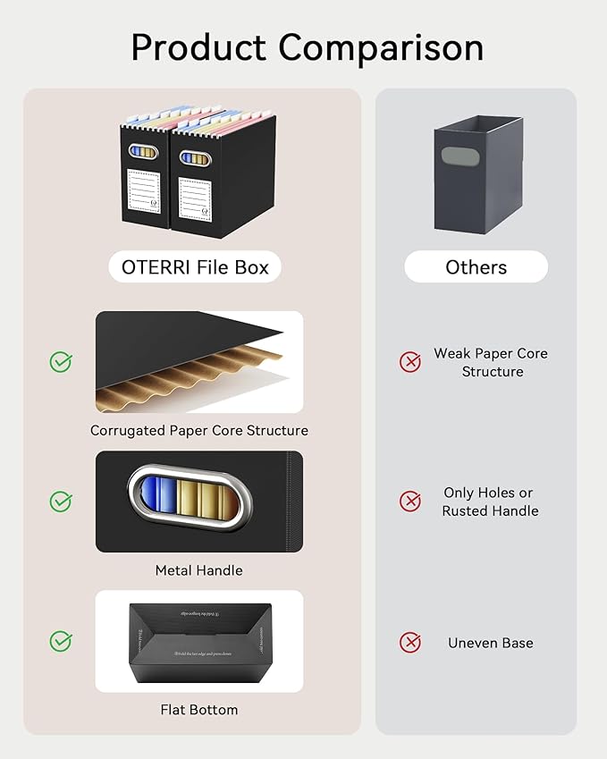Oterri Cardboard File Organizer Box for Hanging File Folders Letter Size,File Box for Computer Desk,File Cabinet,Working Home,Office,Classroom (Black, Letter Size - 1 Pack)