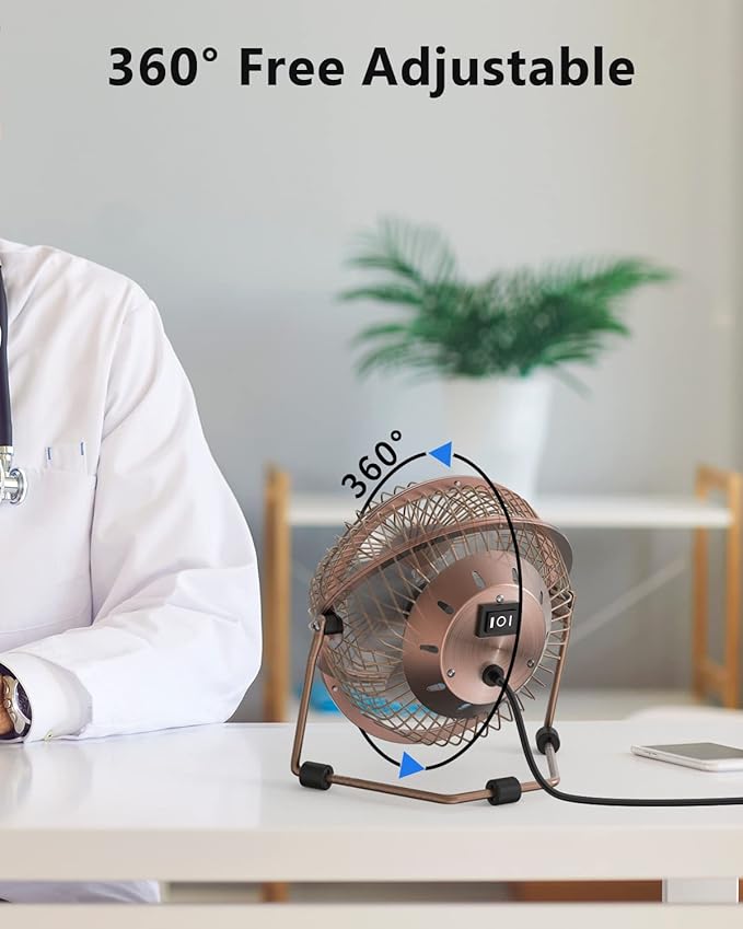 Zuvas Desk Fan Quiet Small USB Fan 360° Rotation Portable Table Fan 2 Speed Mini Personal Fan Air Cooling Electric Fan for Home Office Bedroom Travel Camping, 4 inch Bronze