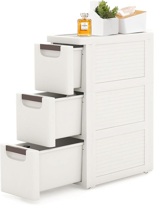 3 Drawers Slim Bathroom Storage Cabinet Dresser, Narrow Plastic Rolling Cart Organizer with Drawers, for Small Spaces, Kitchen, Laundry, Office, Bedroom, White