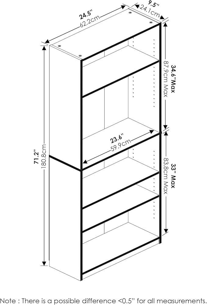 Furinno Jaya Book Shelf, 5-Tier Bookshelf, Bookcase with Adjustable Shelves, 9.5 x 24.5 x 71.2, for Organization and Storage, for Living Room, Bedroom, Home Office, Blackwood