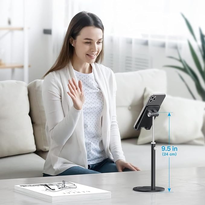 OMOTON Cell Phone Stand, Angle Height Adjustable Phone Stand, Aluminum Desktop Phone Holder Dock Stand for Desk, Compatible with iPhone Air/17 Pro Max/, All Smartphones and Tablets(4-11''), Black