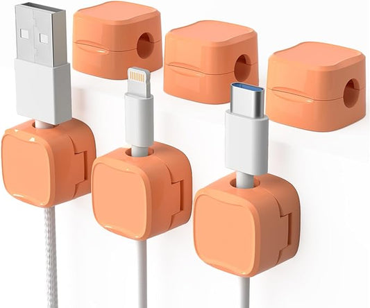 6 Pack Magnetic Cord Organizer & Cable Clips - Adjustable Under Desk Cable Management, Adhesive Wire Holder for Home, Office, Phone, Car, Wall, and Nightstand (Orange)