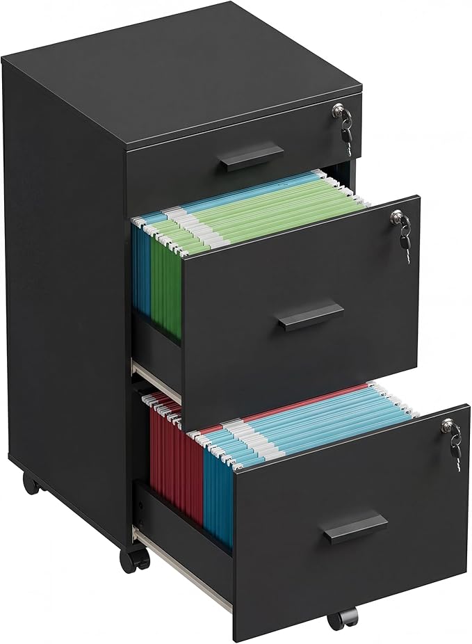 DEVAISE 3 Drawer File Cabinet with Lock & Wheels, Wood Printer Stand, Mobile Filing cabinets for Home Office, Fits Letter/A4 Size, Black