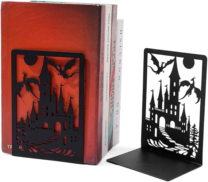Book Ends, Bookends, Book Ends for Shelves, 1 Pair Non Skid Metal Book Divider Decorative Holder, Abstract Art Desgin Book Stopper Supports for Office, Home (Dragon B)