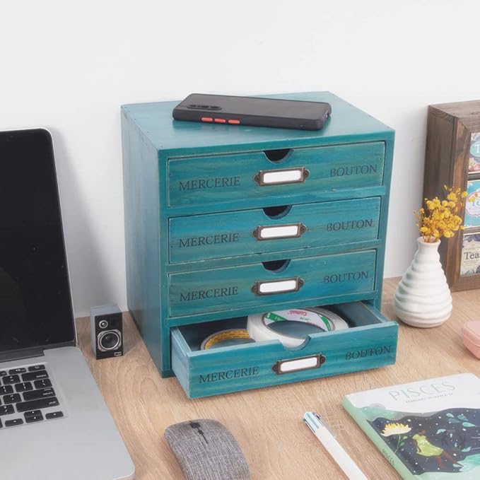 Wooden Storage Box with 4 Drawers Vintage Office Supplies and Accessories Letter Tray Wood Desktop School Supply Organizer Library Card Catalog Cabinet with Lables Rustic Jewelry Box (BLUE)