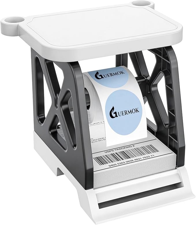 Guermok 3-in-1 Thermal Label Holder Stand for Printer – Desk Organizer for Roll & Fan-Fold Labels, Cable Management, Easy Assembly for Home, Office, Retail & Small Business(Black)