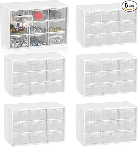 6 Pcs Small Drawer Organizer for Desk, Mini Desktop Drawer Organizer with 9 Clear Drawers, Plastic Desktop Craft Storage Box for Desk Office School Home 7.1" x 3. 8" x 4.6" (White)